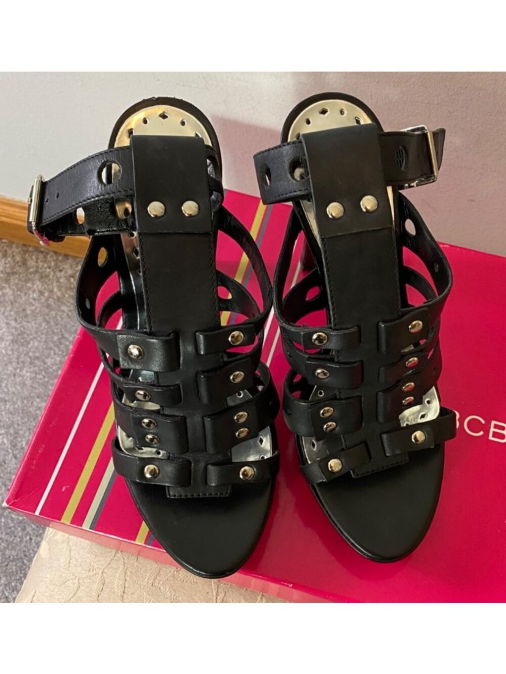 BCBG Girl Black Strappy Studded Stiletto Platform Heel Ankle Strap Sandal Size 7